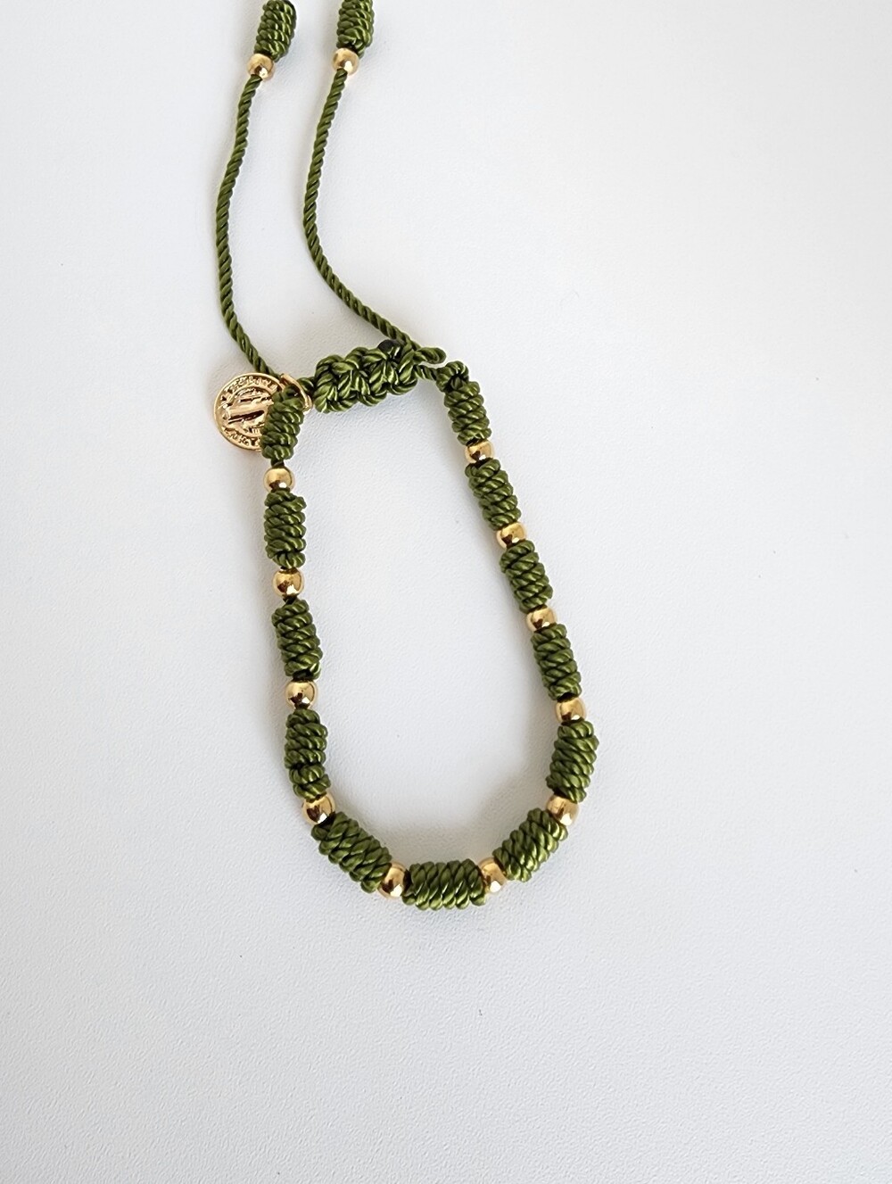 Olive Green Adjustable Cord Bracelet Gold Tone Beaded Boho Chic Gift